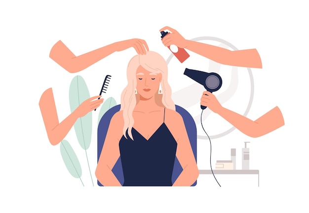 Woman client in hair salon during makeover. Hairdressers hands caring and doing hairstyle for female customer in chair, combing and drying. Flat vector illustration isolated on white background