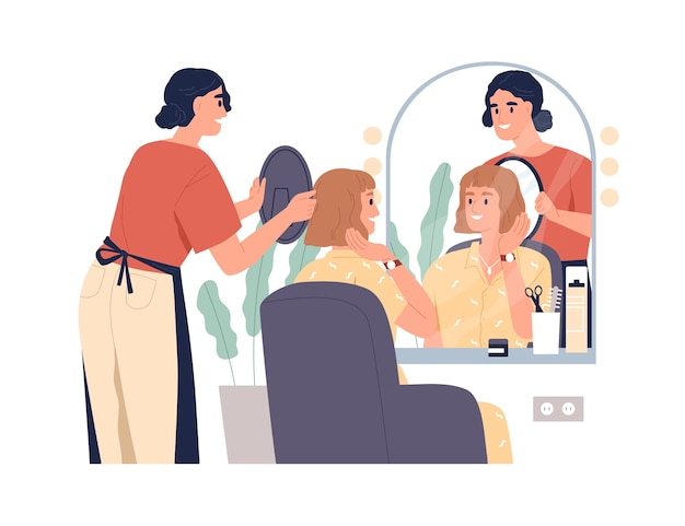 Woman client with bob haircut looking in mirror in salon. Happy satisfied customer in chair and hairdresser after hair cutting. Makeover concept. Flat vector illustration isolated on white background.