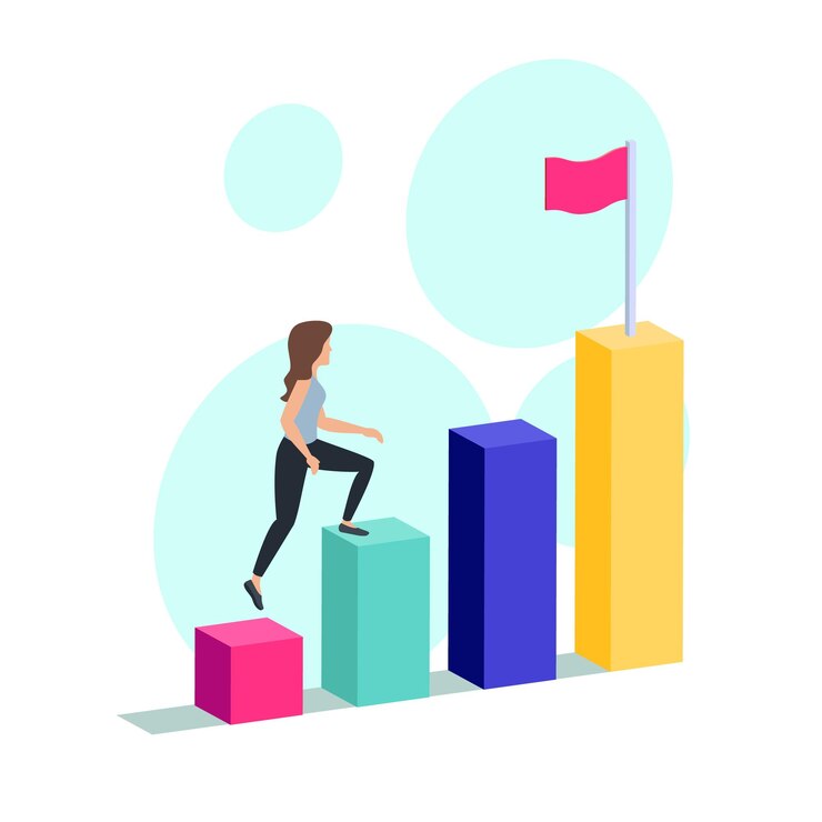 Vector woman climbing steps to success in business concept