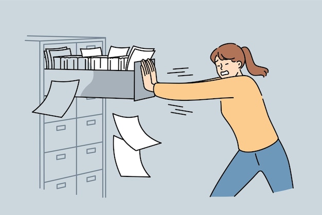 Vector woman closes overflowing filing cabinet suffering from overabundance of paperwork and bureaucracy