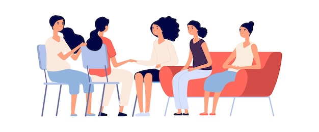 Woman club. Group psychotherapy, flat female characters together. Emotional support, friendship or family. Isolated psychologist consulting girls vector illustration. Psychological support woman