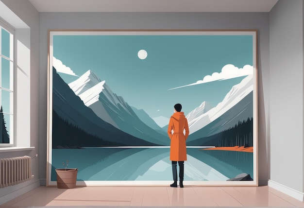 Vector woman in coat and hat walking in the mountains winter landscape mountains snow and trees la