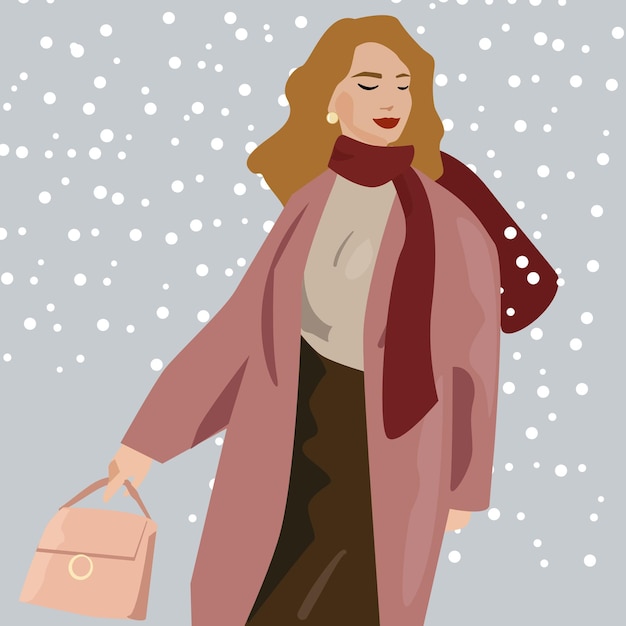 Vettore una donna con un cappotto e una sciarpa rossa cammina in inverno sotto la nevicata. accogliente inverno vettoriale