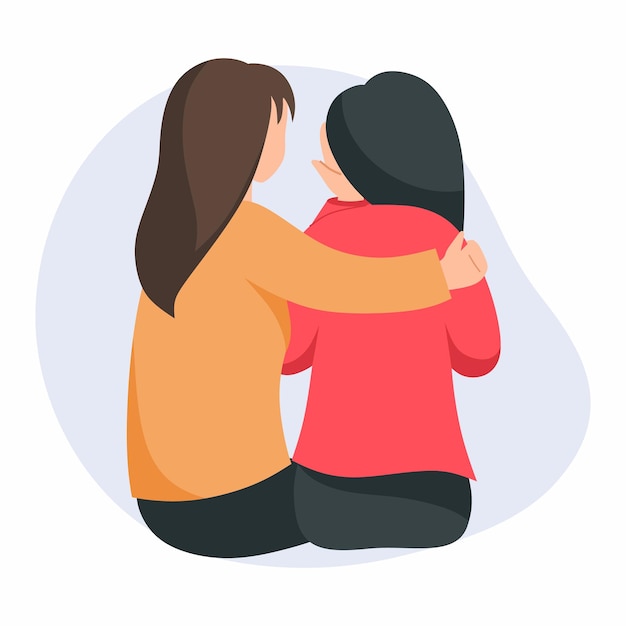 Vector woman comforts her friend girl has covered her face with her hands and is crying support during depression and stress sympathy