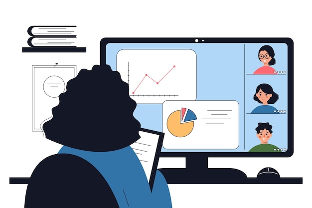Женщина общается через Интернет. Видеозвонок на работе, коллеги из удаленного офиса во время делового звонка