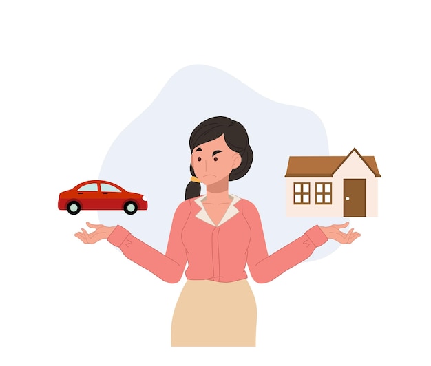 A woman comparing to buy a house or a car Make decision Choice between house and car Vector illustration