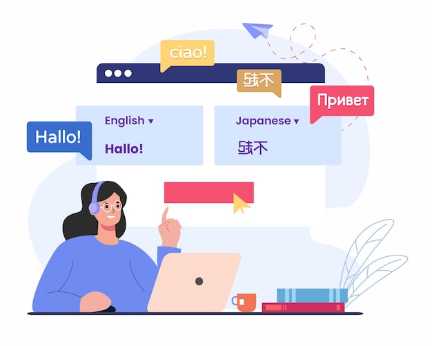 컴퓨터에 있는 여성은 웹 페이지 디자인의 언어 번역 앱 개념을 번역합니다.