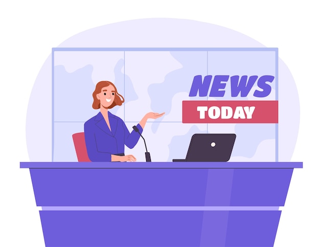 Vector woman conducts news forecast host in television show news today young girl with microphone and