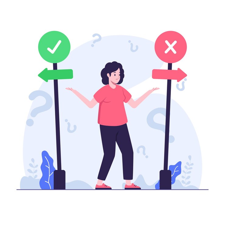 Vector woman confused in making decisions