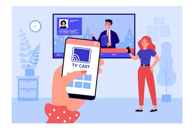 Woman connecting smartphone to television and watching news. Mobile app for casting to TV flat vector illustration. Technology, entertainment concept for banner, website design or landing web page