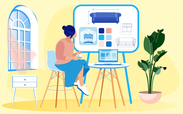 Vector woman, considering buying new sofa with mattress