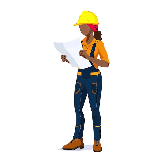 Vector woman construction worker reading a plan isolated on white background vector illustration