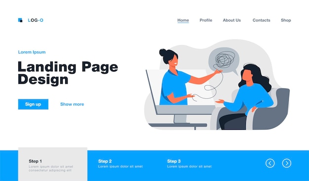 Vector woman consulting psychologist online. landing page in flat style.