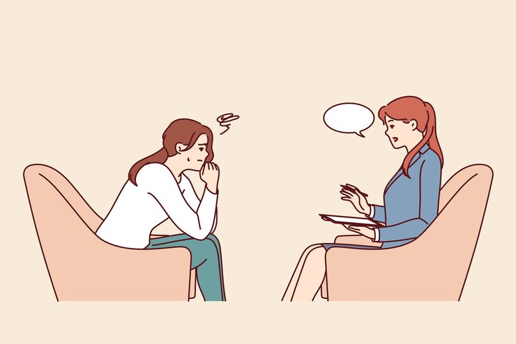 Vector 정신적 문제를 없애기 위해 심리학자를 상담하는 여성은 심리치료사의 맞은편 의자에 앉습니다.