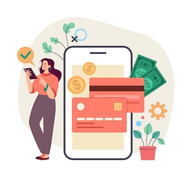Vettore cliente della banca dei consumatori donna che prende denaro a credito online tramite smartphone internet internet banking online