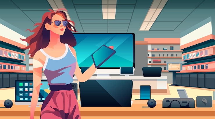 Vector woman consumer in electronics store choosing and buying digital gadgets big sale shopping concept
