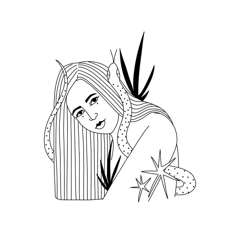 Vector woman contour astrology goddess of female power zodiac signs tarot cards fortunetelling and pre