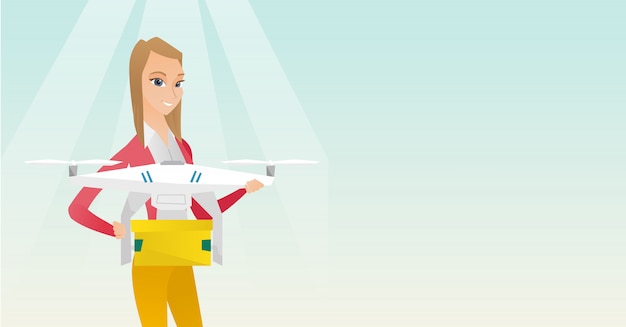 Drone di consegna controllo donna con pacchetto post