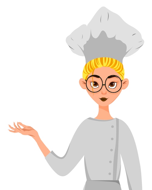 Woman cook points to the hand to the side