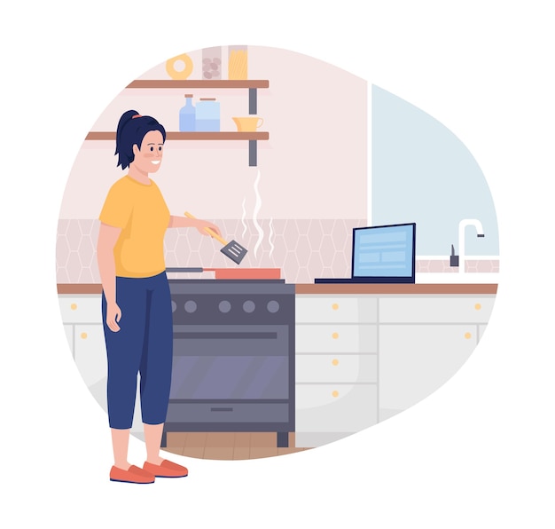 Vector woman cooking 2d vector isolated illustration