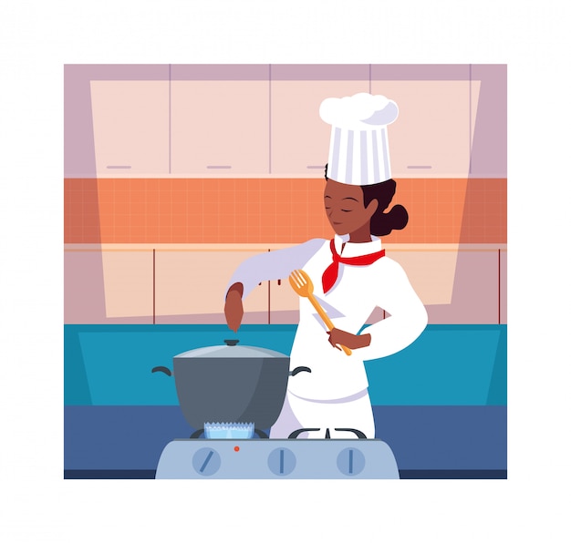 Vector woman cooking, chef in white uniform