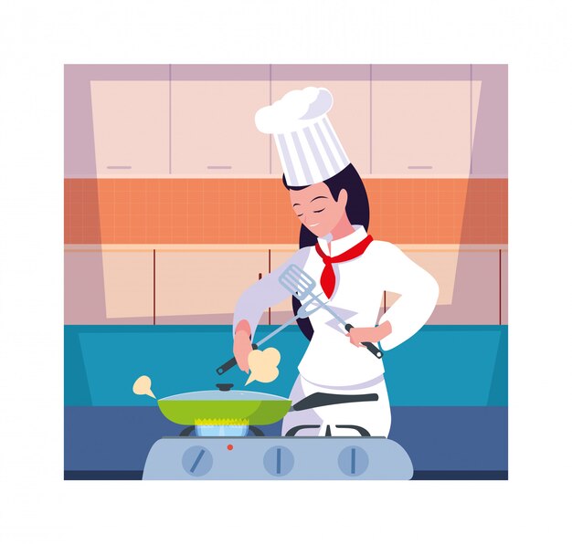 Woman cooking, chef in white uniform