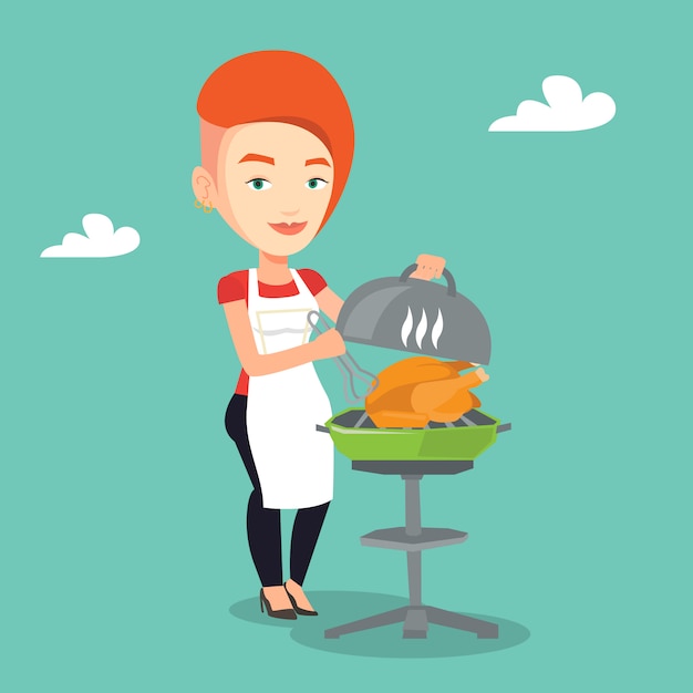 Vector woman cooking chicken on barbecue grill.