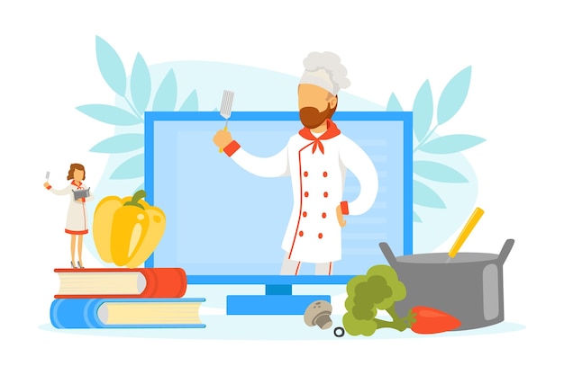 Vettore donna che cucina un piatto sano con un cuoco online illustrazione vettoriale del corso di cucina