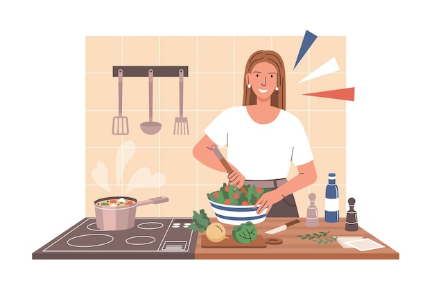 Vettore donna che cucina a casa