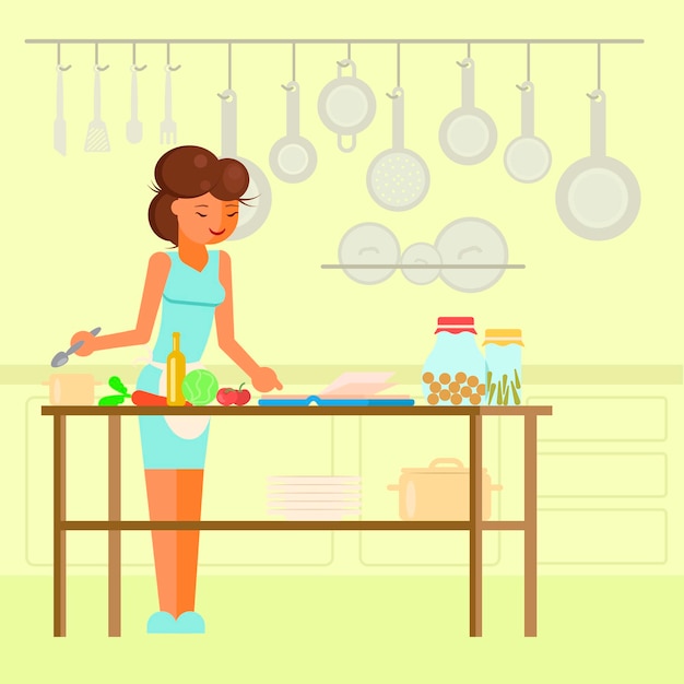 Женщина готовит на кухне векторную плоскую иллюстрацию