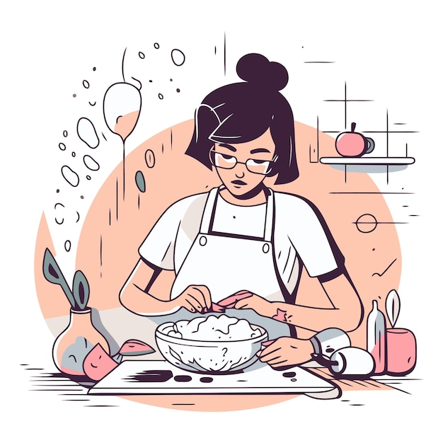 ベクトル フラットなアニメのスタイルでキッチンで料理をしている女性