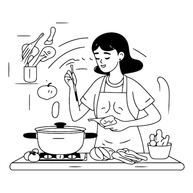 Vector woman cooking in the kitchen in flat cartoon style