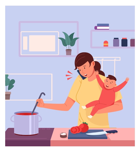 Vettore donna che cucina sulla cucina con il piccolo bambino madre multitasking