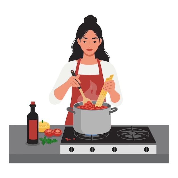 Woman cooking pasta with sauce in a kitchen setting preparing a delicious meal