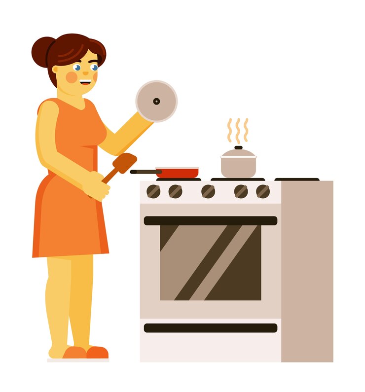 वेक्टर woman cooking preparing food on home kitchen performing everyday household duty routine illustration isolated on white background