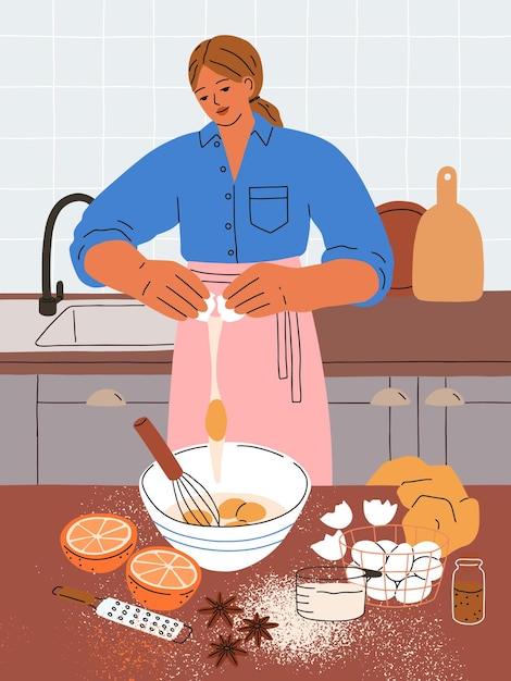 Vector woman cooking sweet cookie at home kitchen. young girl preparing eggs in bowl, spices for homemade bakery, biscuits. cook process, baking winter cake, christmas dessert. flat vector illustration.