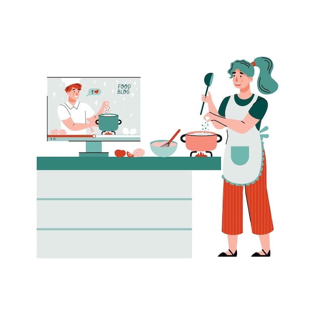 Woman cooking watching culinary tutorial flat  illustration isolated