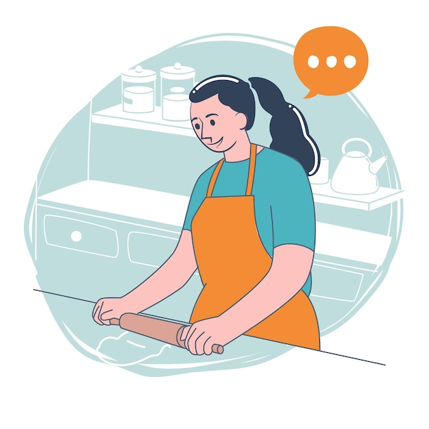 woman cooking with rolling pin in kitchen flat vector illustration