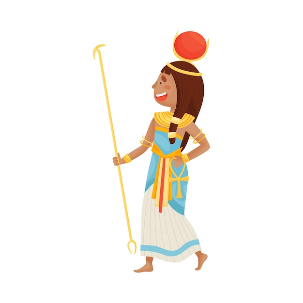 Woman in costume of the egyptian pharaoh hoop with a large red circle on its head long white dress with gold jewelry vector illustration on a white background