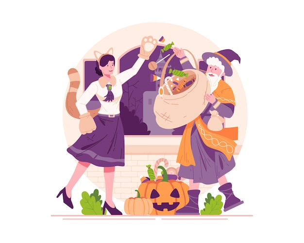 Vector a woman in a costume gives candy and sweets to a man in a costume who is holding a basket