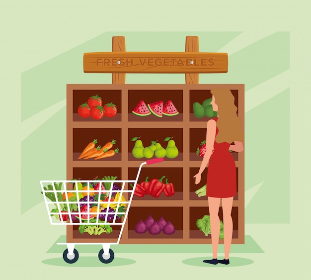 Woman costumer in the natural store with vegetables and fruits