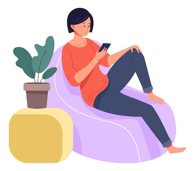 Vettore donna sul divano che utilizza lo smartphone riposo a casa stile di vita per il tempo libero isolato su sfondo bianco