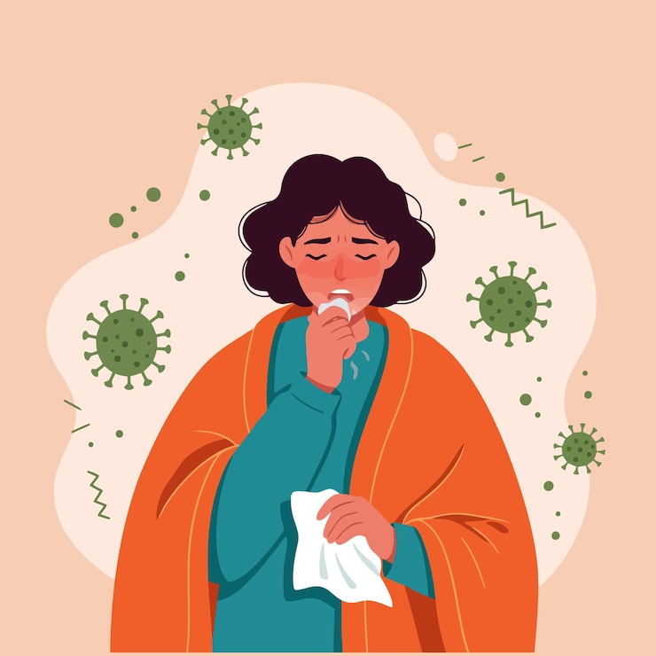 Vector woman coughing with coronavirus symptoms illness