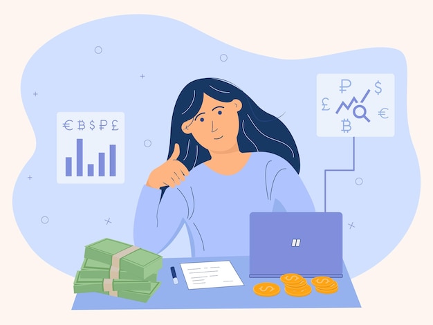 A woman counting money coins and banknotes a financier making money online vector illustration