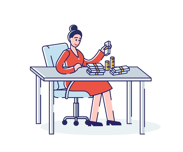 Женщина считает деньги кучу банкнот и монет, сидя за офисным столом на рабочем месте