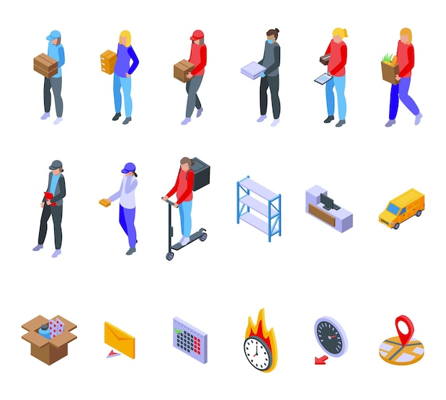 Woman courier icons set isometric vector Delivery person