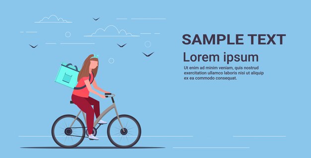 ベクトル ショップやレストランの速達サービスコンセプト水平全長コピースペースから食品を提供する自転車に乗って大きなバックパックを持つ女性宅配便
