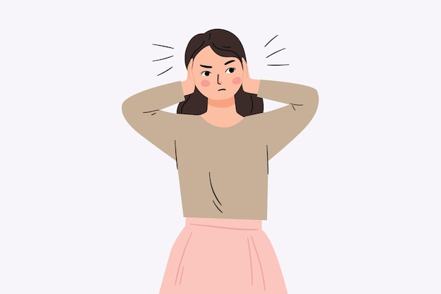 Vector woman covering ears with hand cartoon illustration