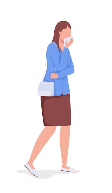 Woman covering mouth with wet towel semi flat color vector character