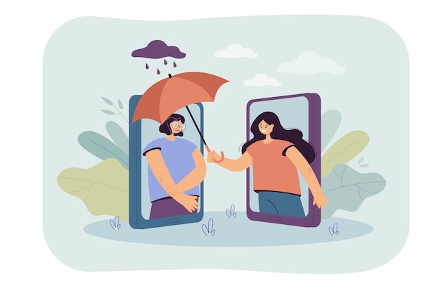 Woman covering sad friend with umbrella over phone